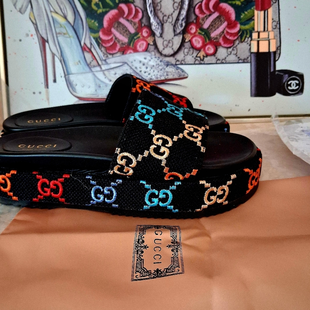 Gucci Angelina Multicolor Embroidered Platform Sandals Size EU44/11 - Picture 9 of 12